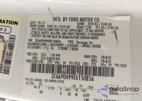 2014 Ford Fusion Se z USA, uszkodzony, nr VIN 3FA6P0H99ER150856